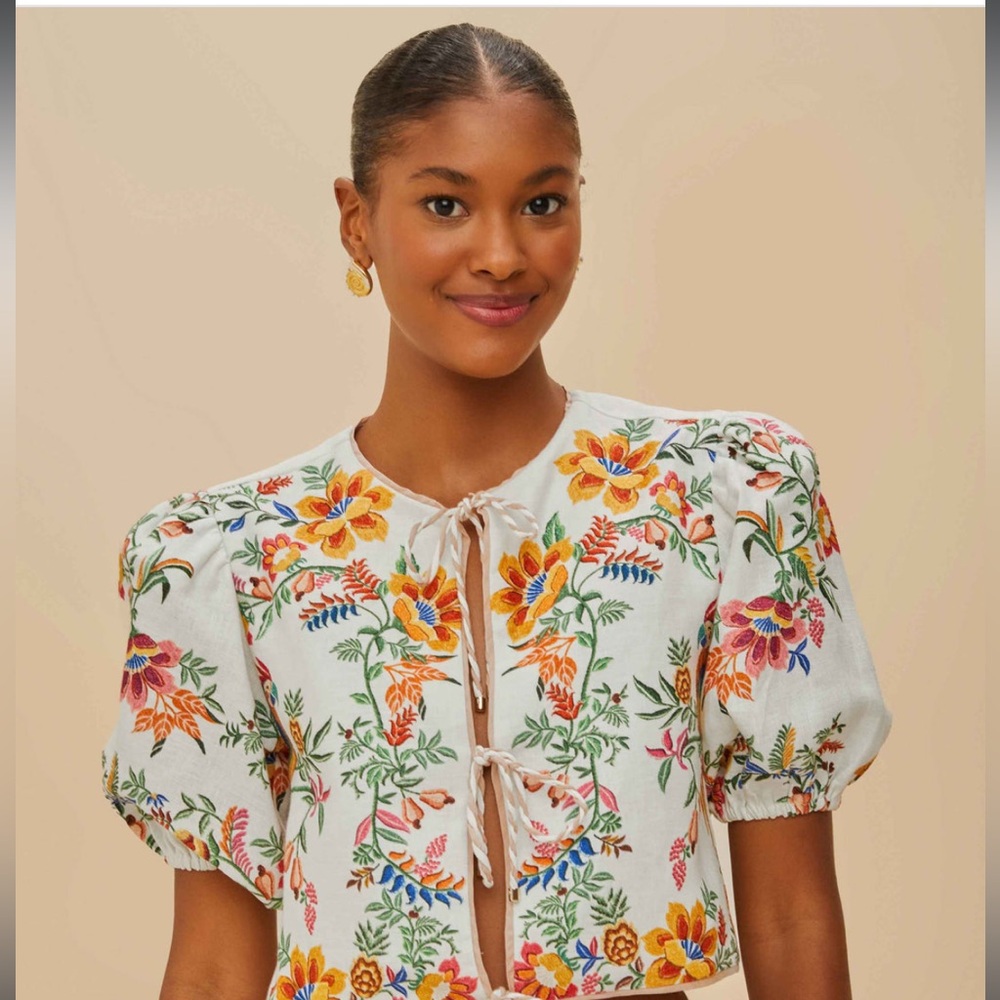 FARM Rio Off-White Delicate Forest Scarves Euroflax™ Premium Linen Blouse